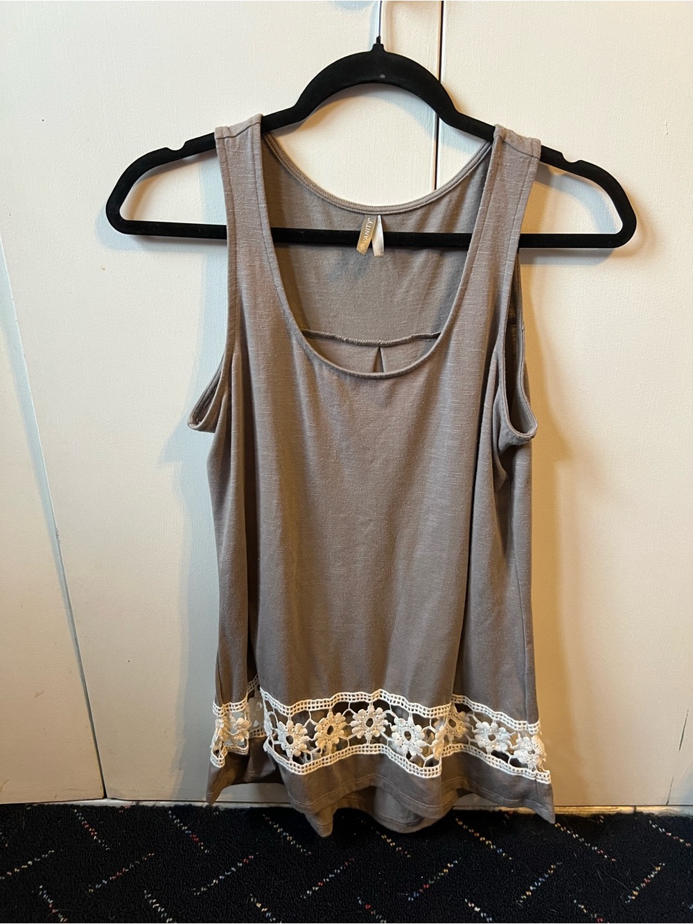 Vanity Taupe Tank with White Crochet Hem